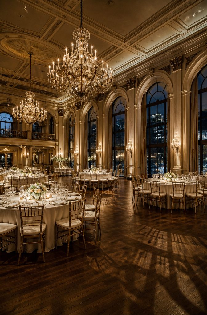Elegant historic venue with chandeliers and high ceilings.
