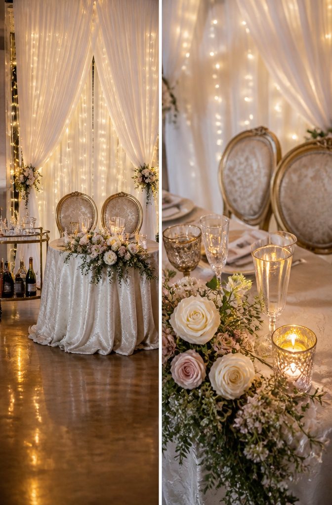 A velvet settee alongside gilded chairs in an elegant setting.
