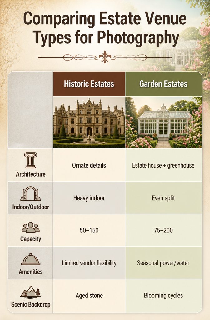 Comparison of architectural styles of different estate venues.