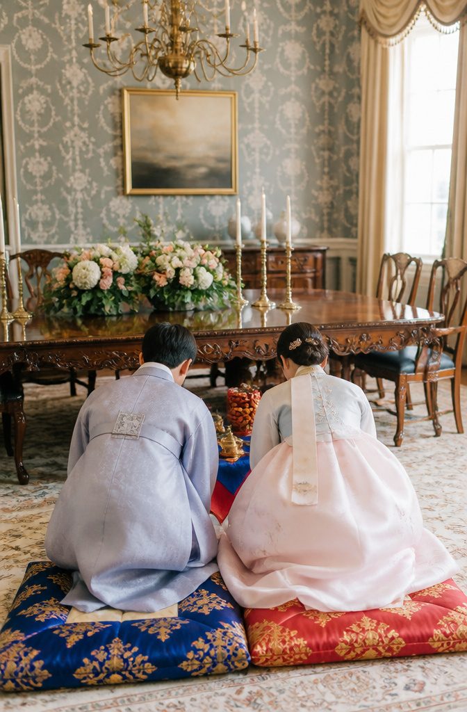 Couple kneeling on cushions during a Korean pyebaek ceremony.