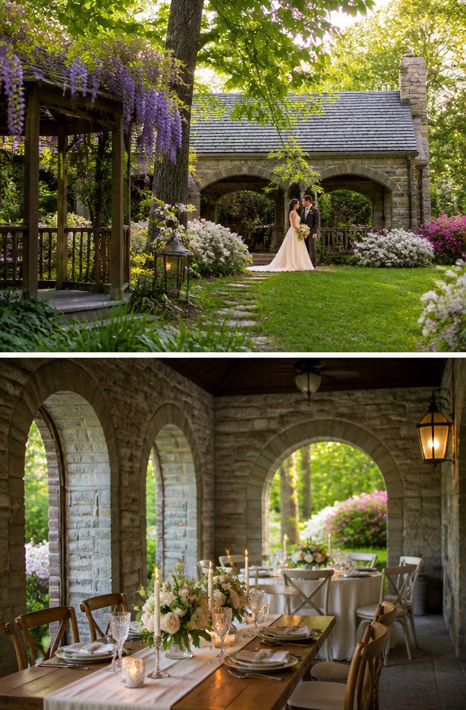 Garden estate with stone pavilion and lush greenery.