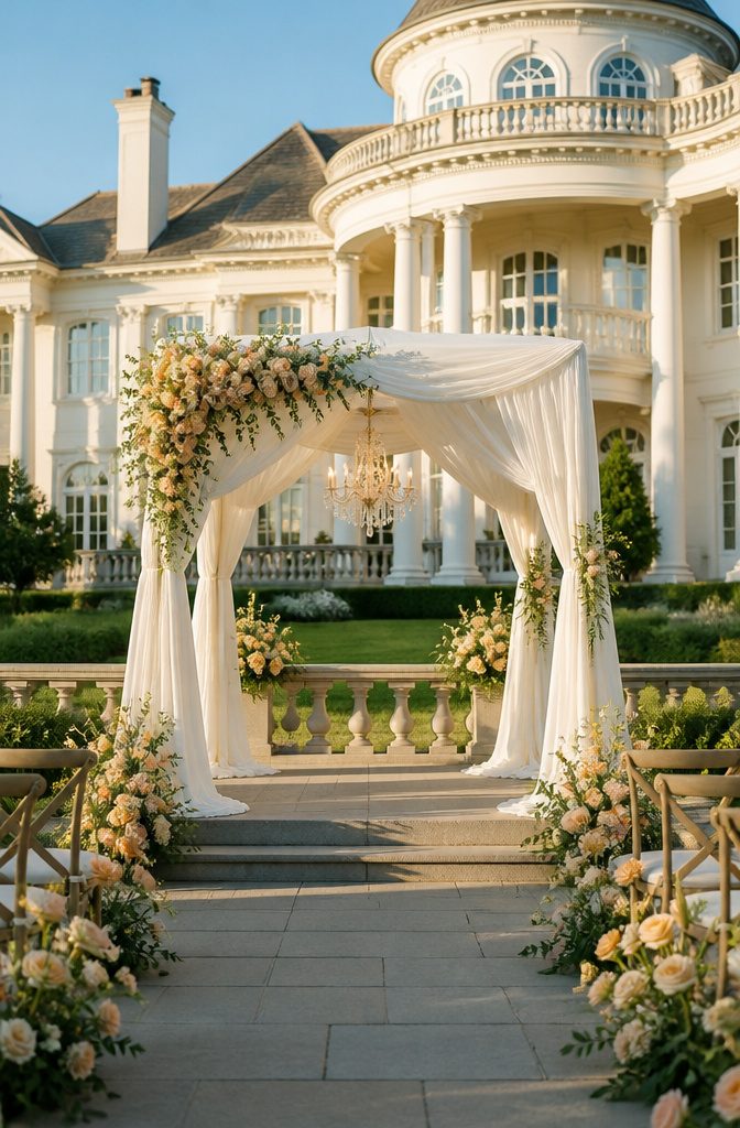 Georgian mansion with columns and expansive grounds.