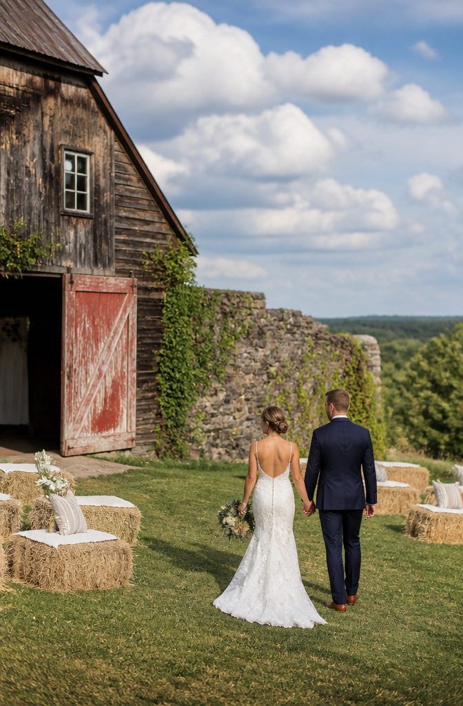 Weathered barn with a red door and scattered hay bales.