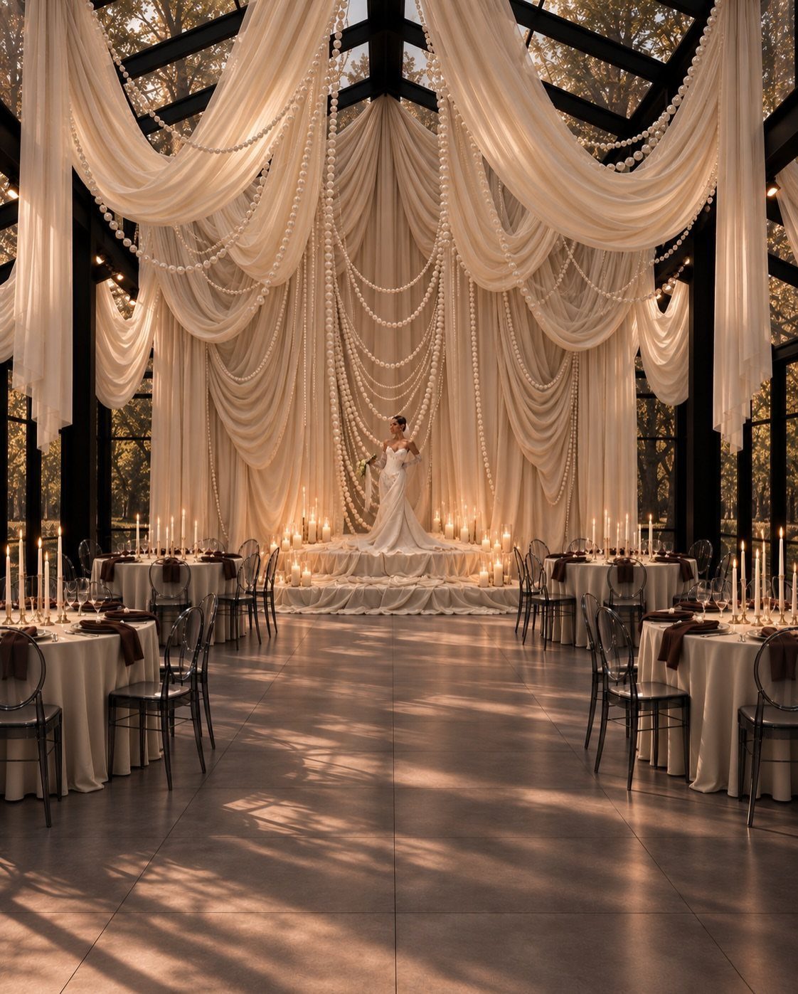 10 Ethereal and Romantic Wedding Ideas That Feel Like a Dream 7 A bride stands in a pavilion decorated with draped white fabric, pearls, and glowing candles.