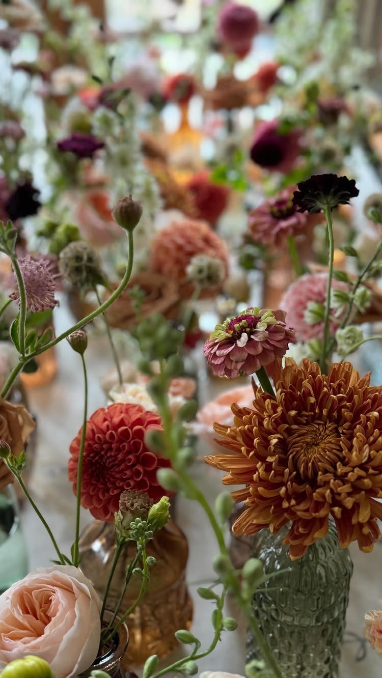 Various fall-colored flowers like dahlias and zinnias arranged in small glass vases on a table.
