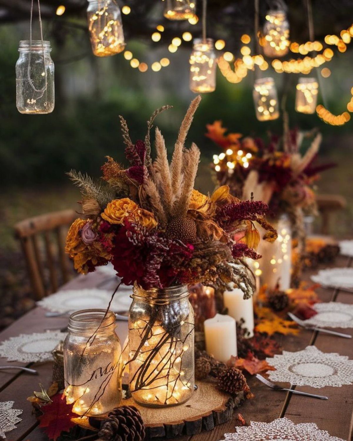 Autumn floral centerpieces with glowing fairy lights and white candles on a wooden table.