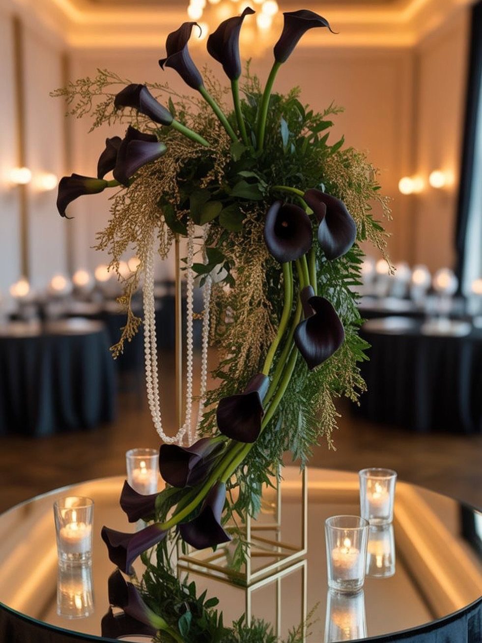 Dark purple calla lilies and green foliage in a gold stand on a mirrored table.