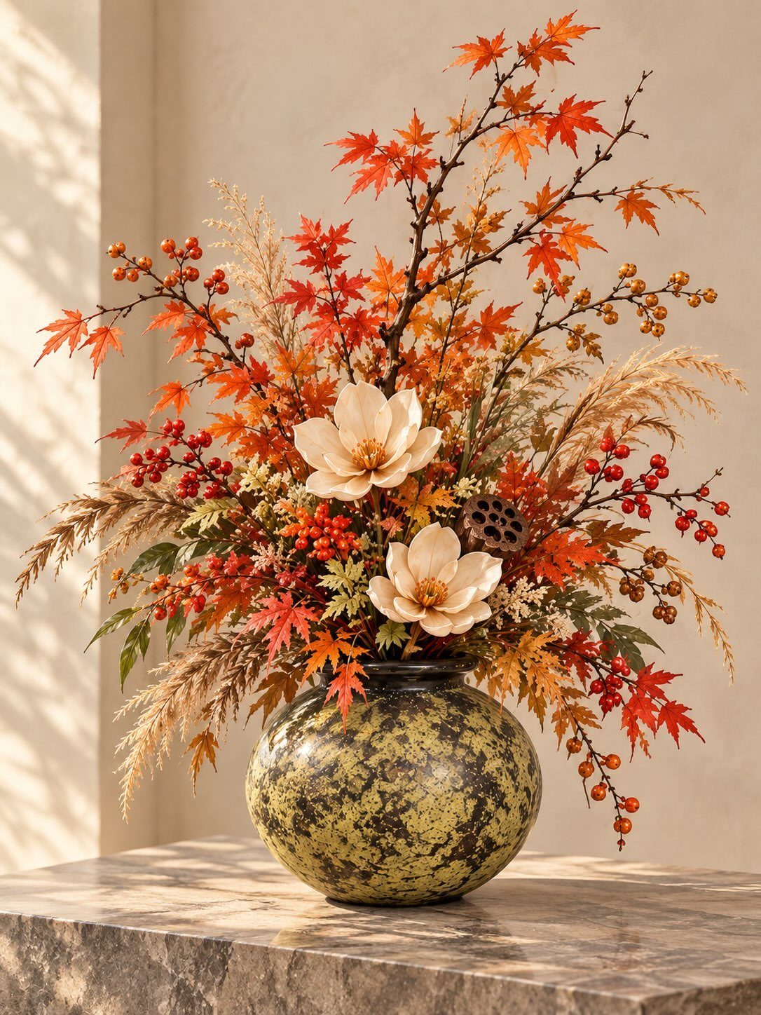 An autumn floral arrangement with orange maple leaves, white magnolias, and red berries in a green vase.