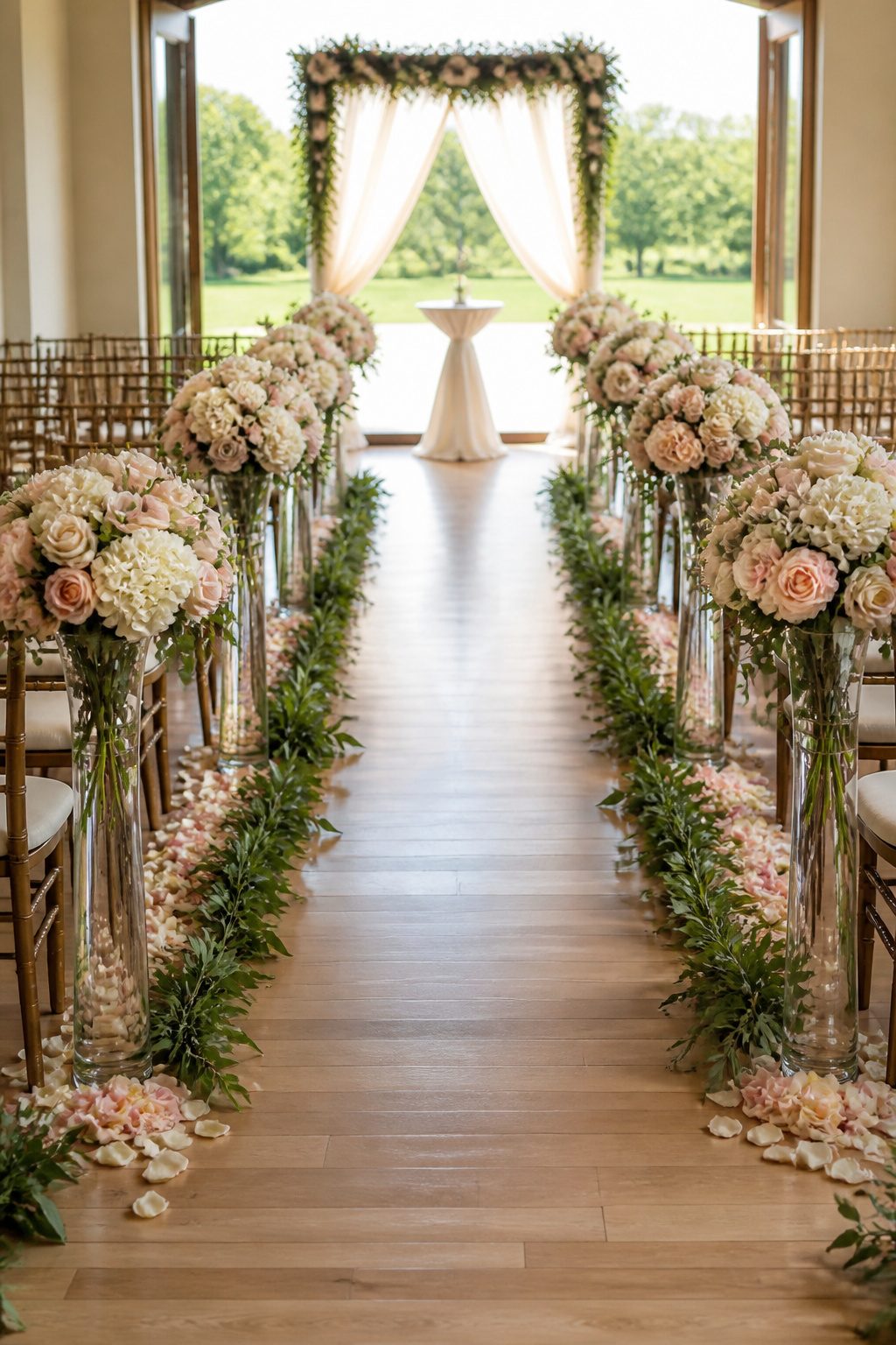 Ceremony aisle decorated with tall vases of flowers.