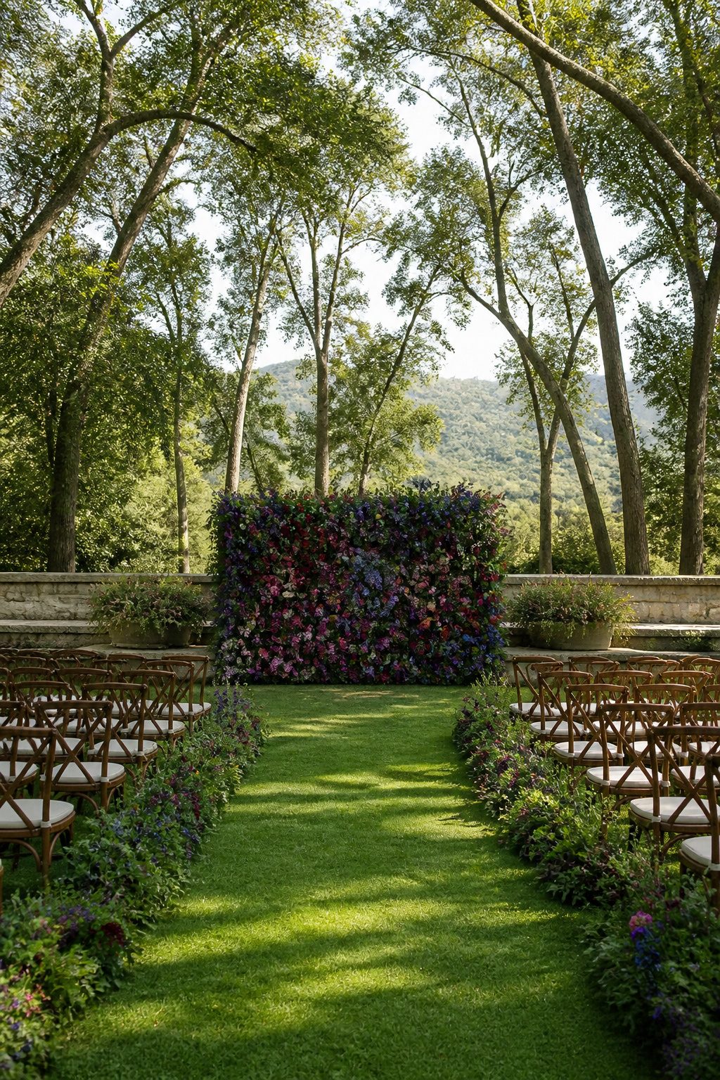 A flower wall serving as a backdrop at a wedding ceremony.