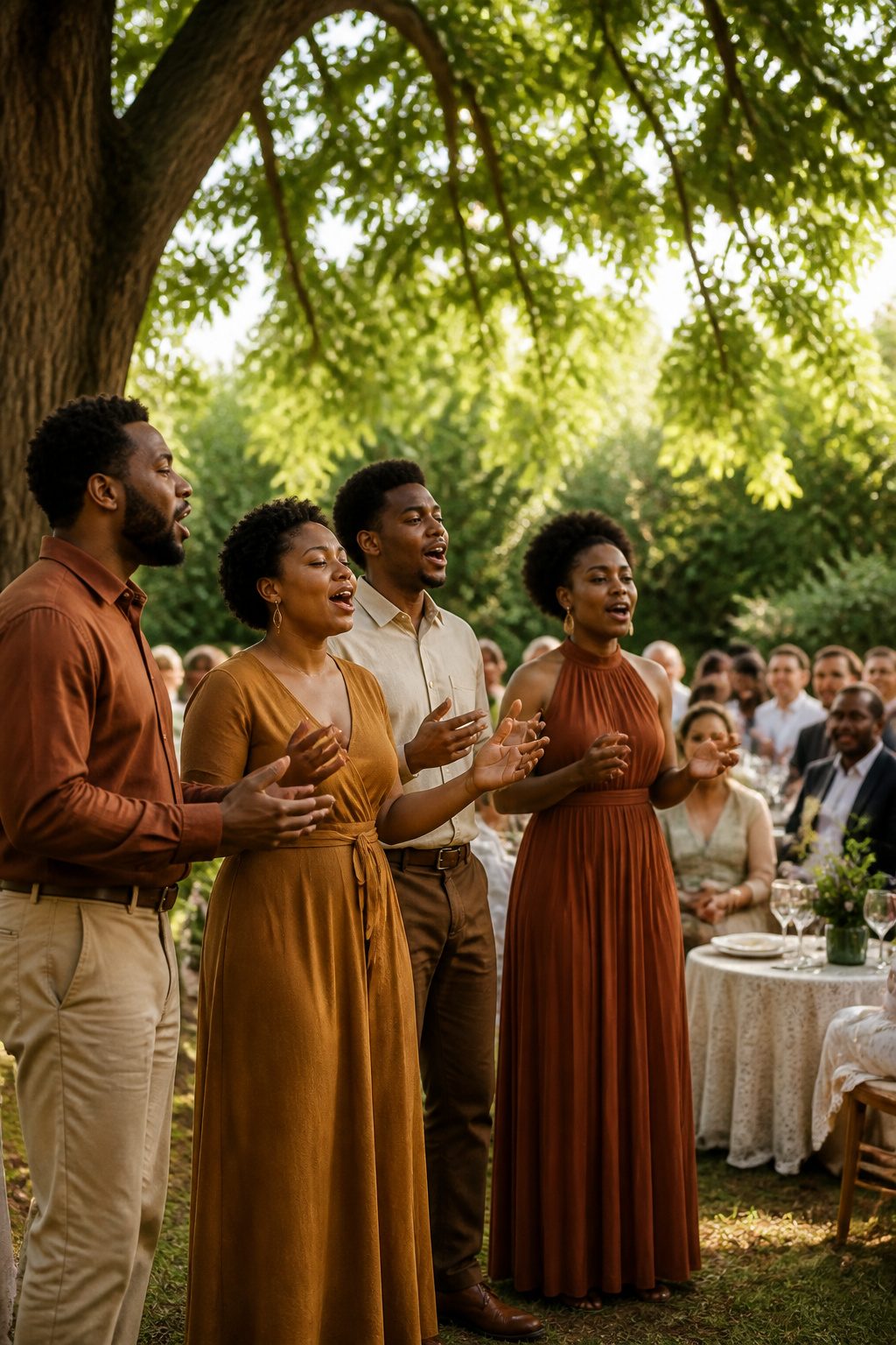 An acapella group singing to guests at a wedding.