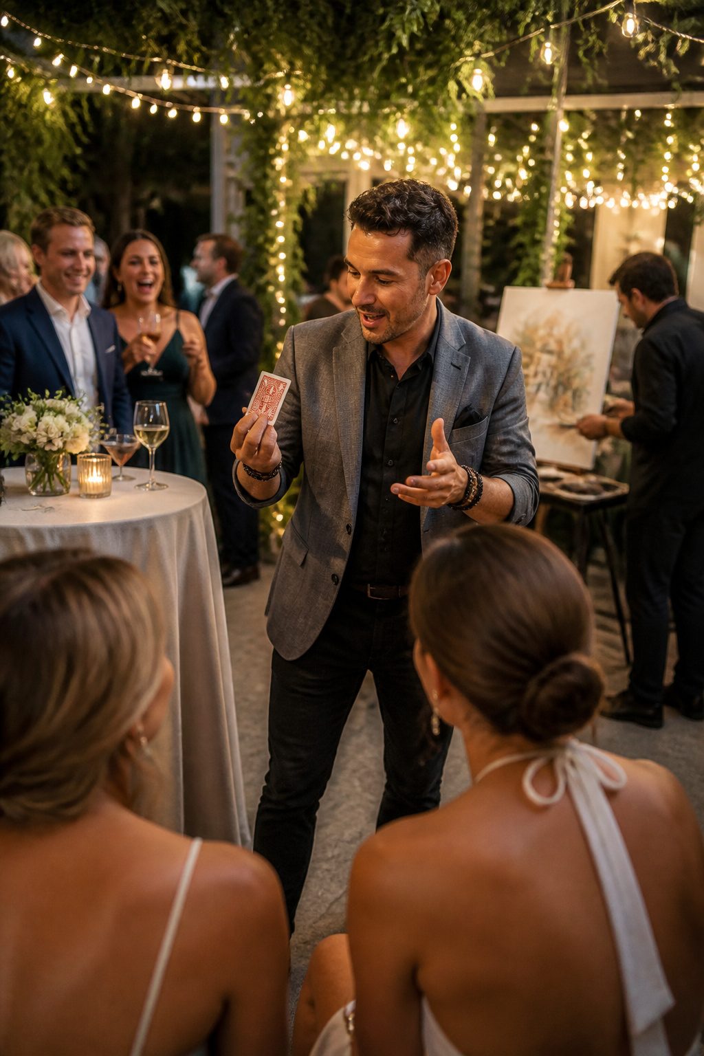 A magician performing for guests at a wedding.