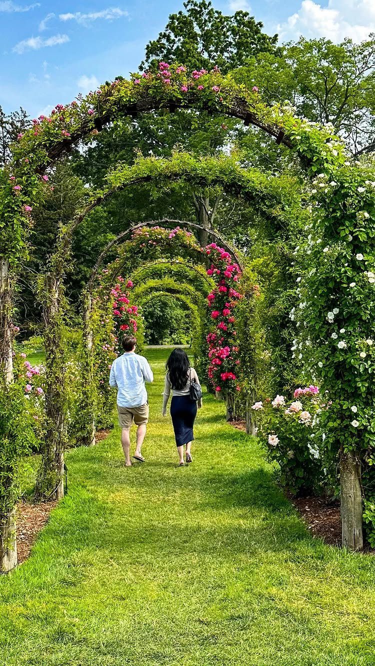 Garden Estate Wedding: 12 Ideas for Ceremony and Reception 11 Two people walking through a series of flowering garden arches on a grassy path.