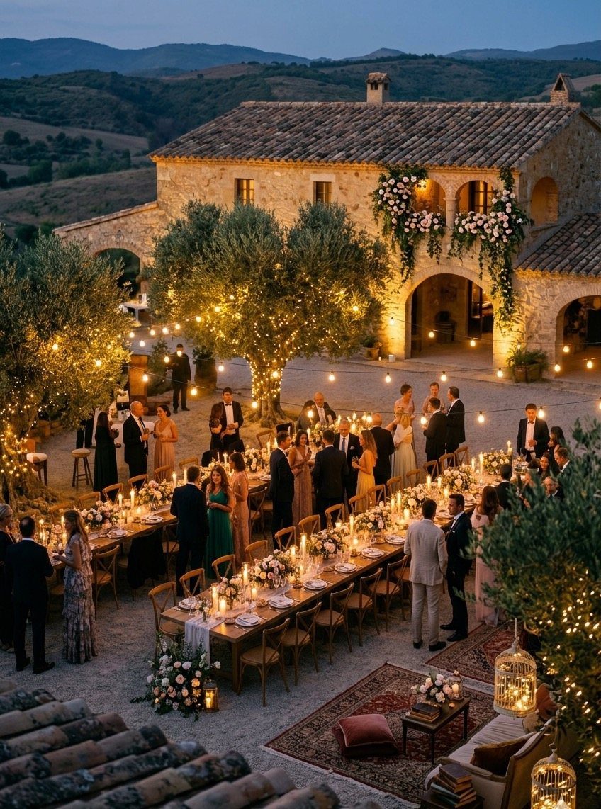 Garden Estate Wedding: 12 Ideas for Ceremony and Reception 2 Guests dine at long candlelit tables under illuminated olive trees at a Mediterranean stone estate wedding.