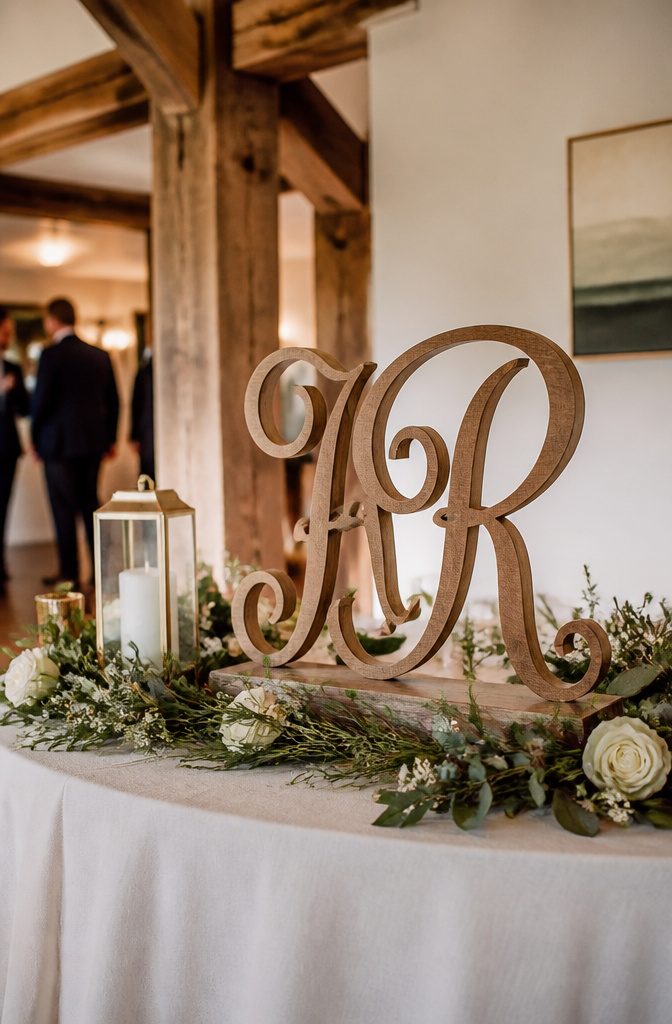 A wooden monogram set on a welcome table with greenery.