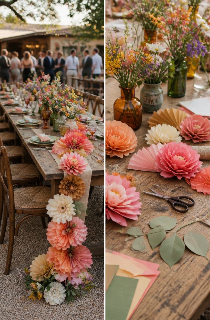Handmade decorations including paper flowers and painted signs at a wedding.