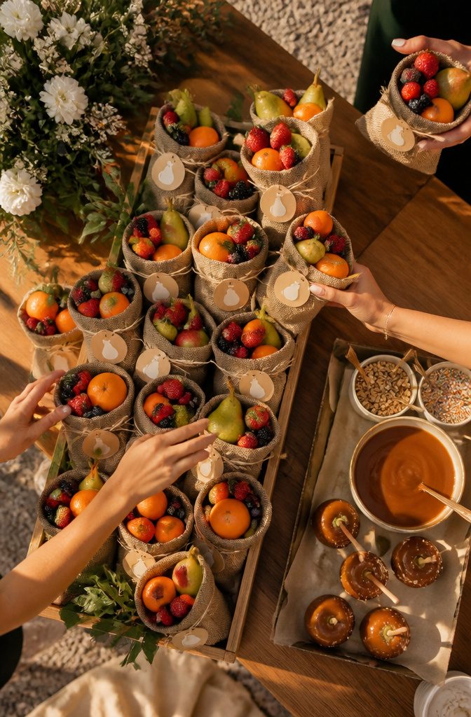 A display of fresh fruit favors at a wedding reception exit.