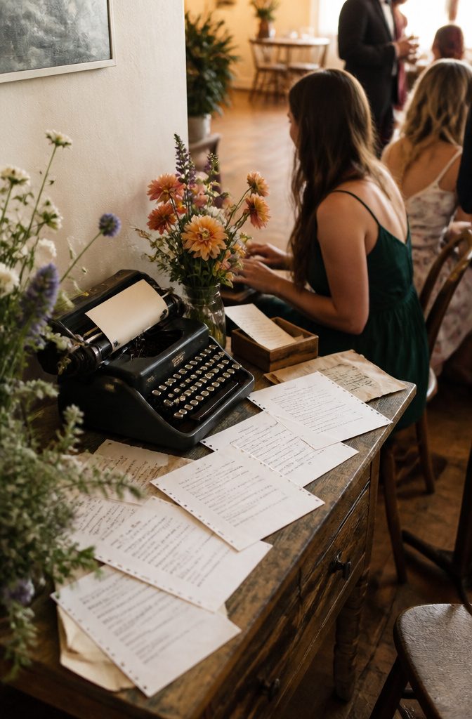 A typewriter on a table with notes and flowers at a wedding.
