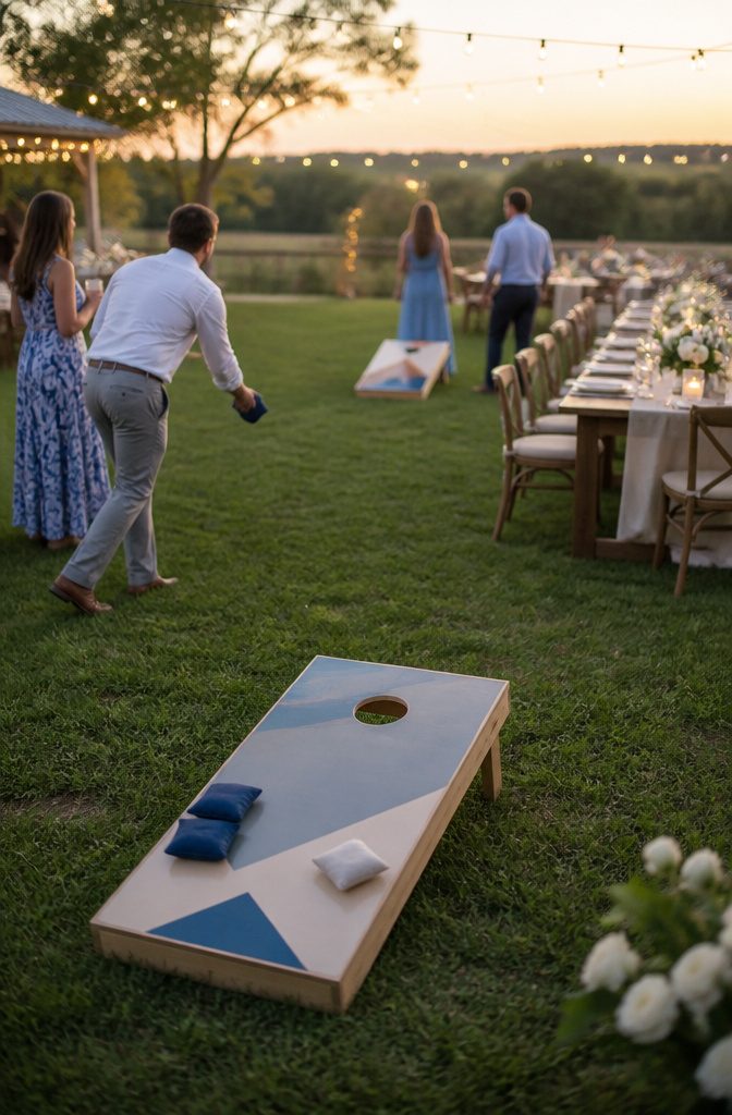 A wedding reception lawn with guests playing cornhole.