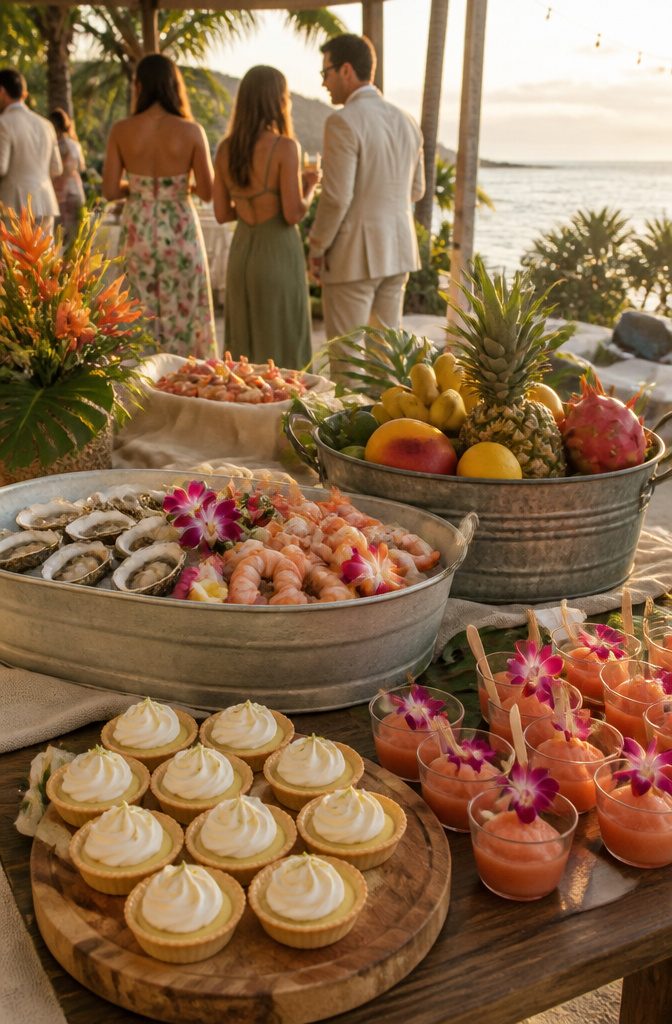 A wedding tasting station filled with seafood and key lime pie bites.