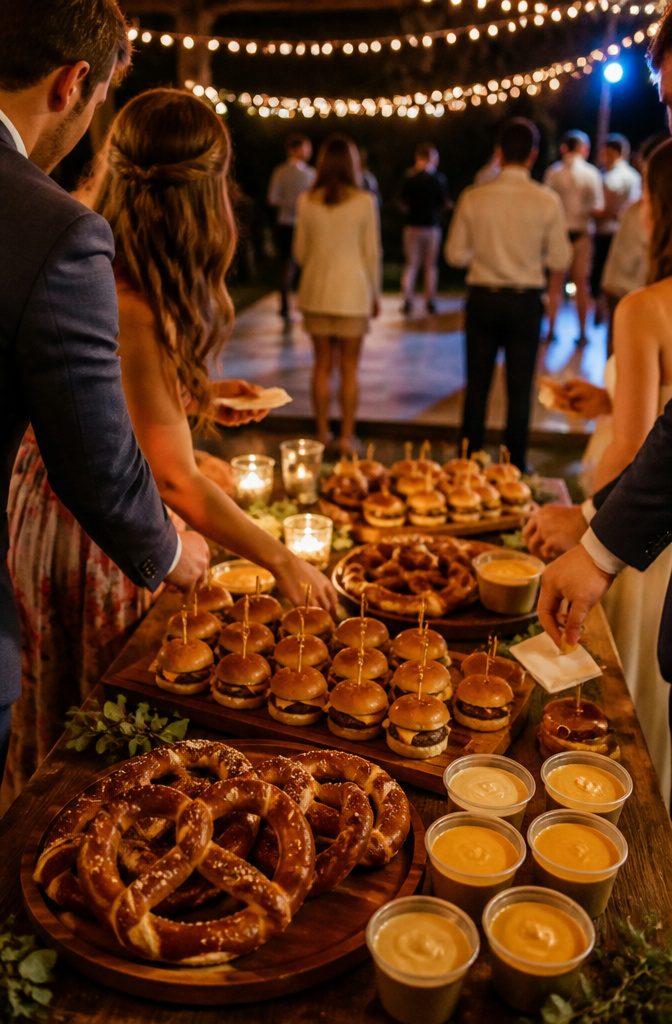 A table with sliders and pretzels for midnight snacks at a wedding.