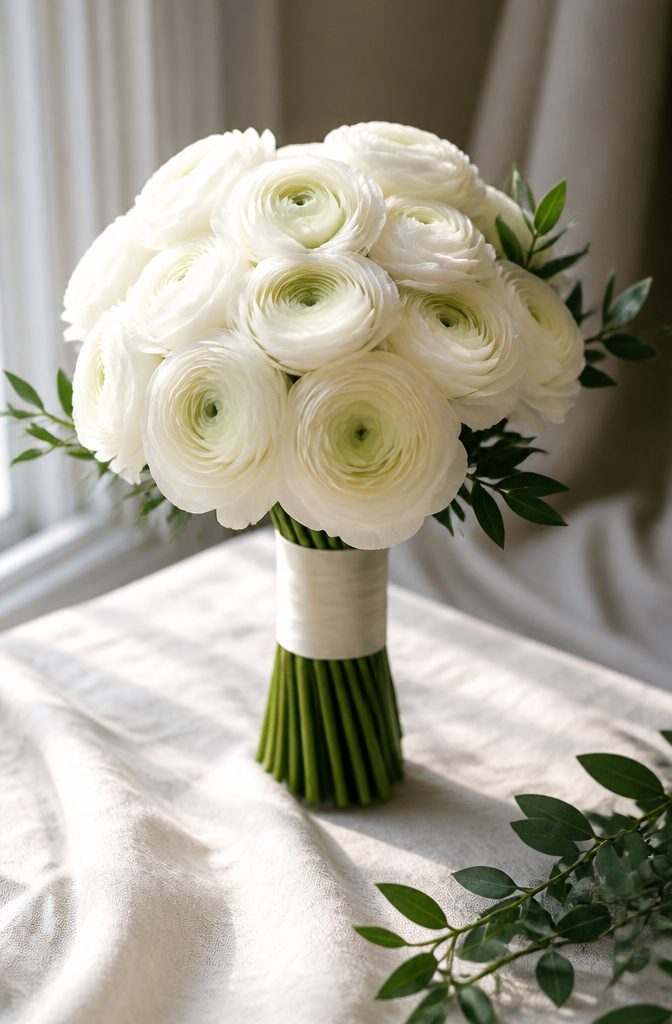A close-up of a white ranunculus bouquet on a light linen table.