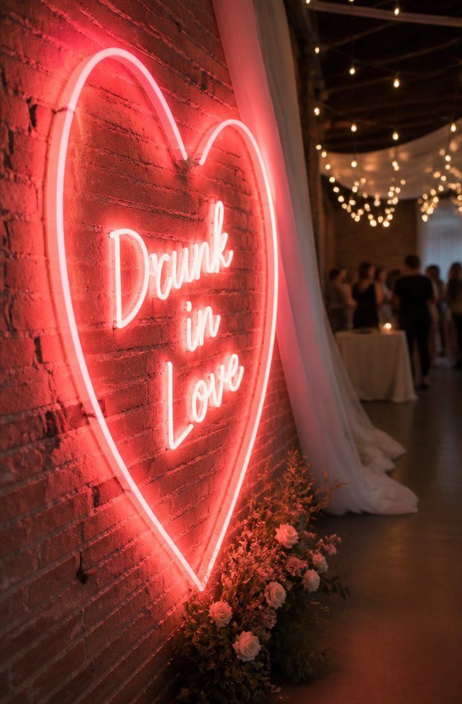 A neon sign with the couple's names illuminated at a wedding.