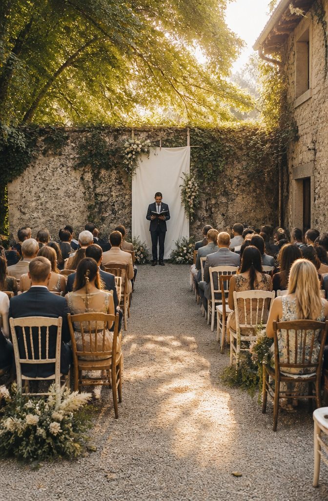A calligraphed panel with wedding vows behind the officiant.