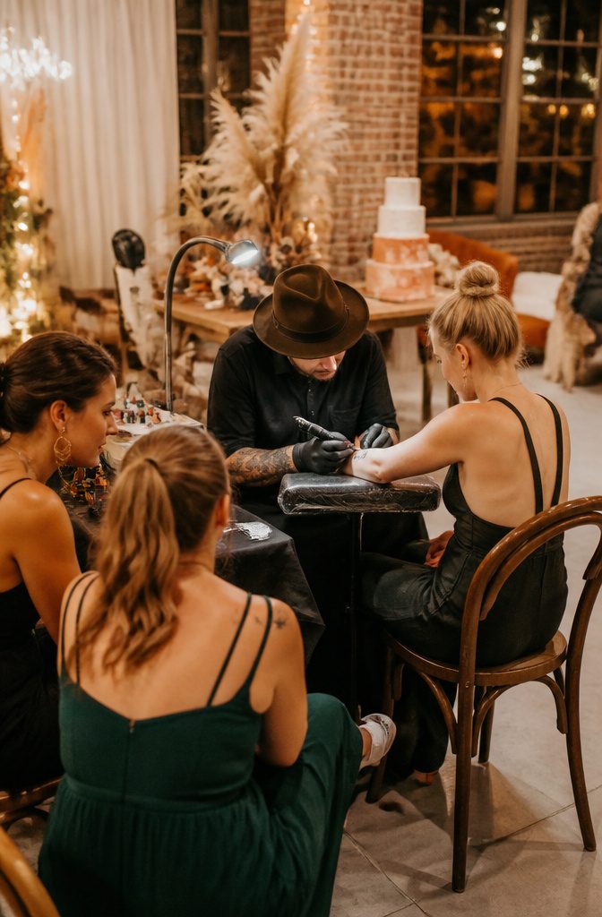 A tattoo station set up at a wedding reception with guests discussing designs.