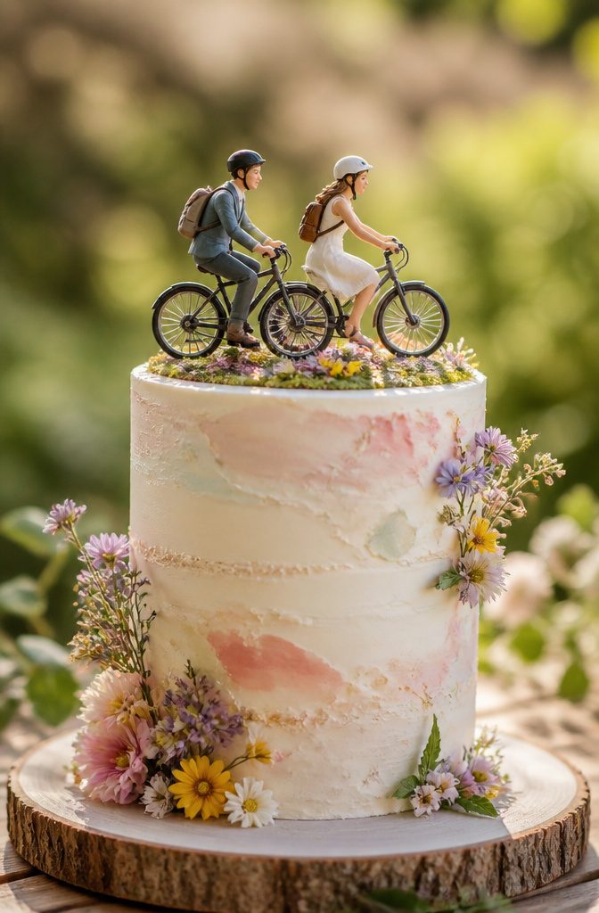 A custom cake topper representing a couple's shared interests.