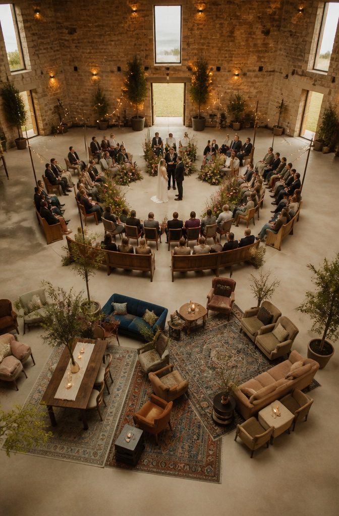 Guests seated in a circle around the couple at a wedding ceremony.