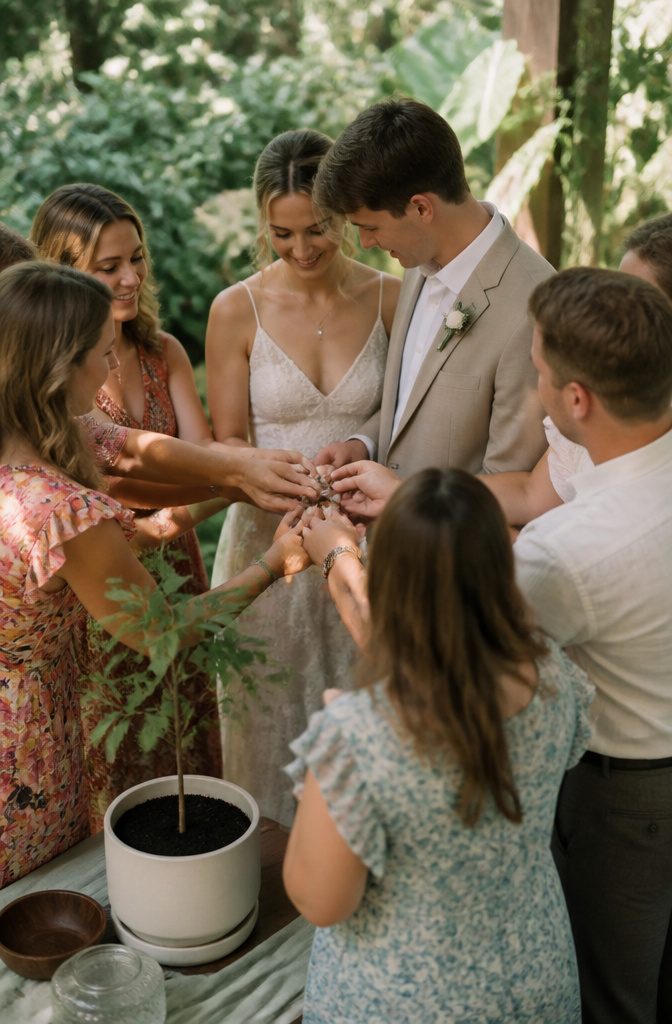 Guests passing wedding rings during a ring warming ceremony.