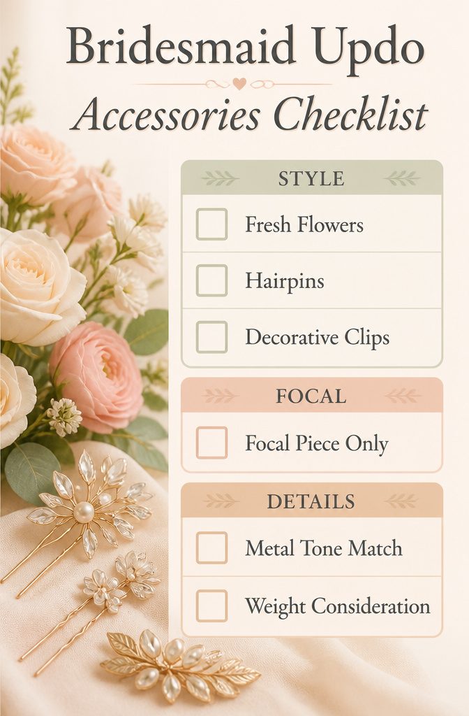 Checklist image showing accessories for bridesmaid updo hairstyles.