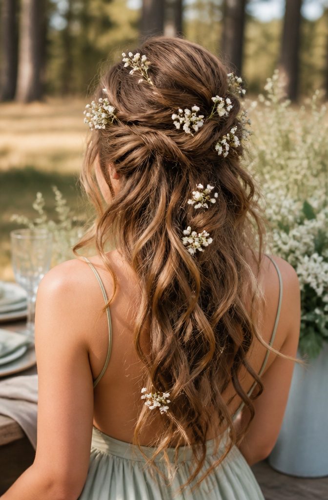 Bridesmaid with loose curls and flowers in her hair at a wedding.