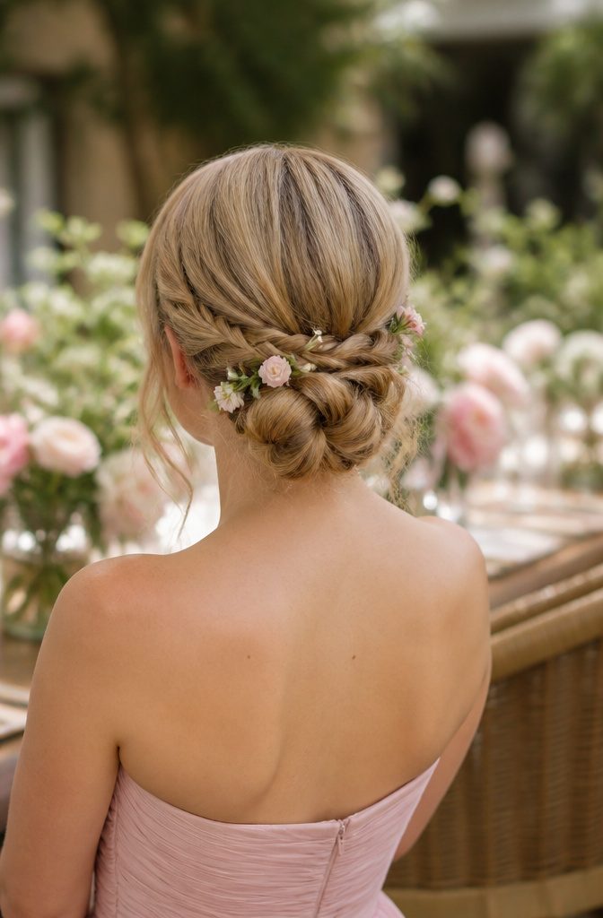 Bridesmaid with a braided bun hairstyle in an outdoor venue.