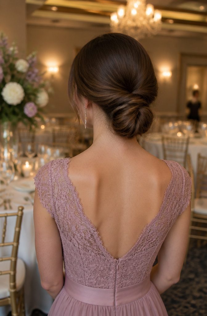 Bridesmaid with a classic low bun hairstyle at an elegant reception.