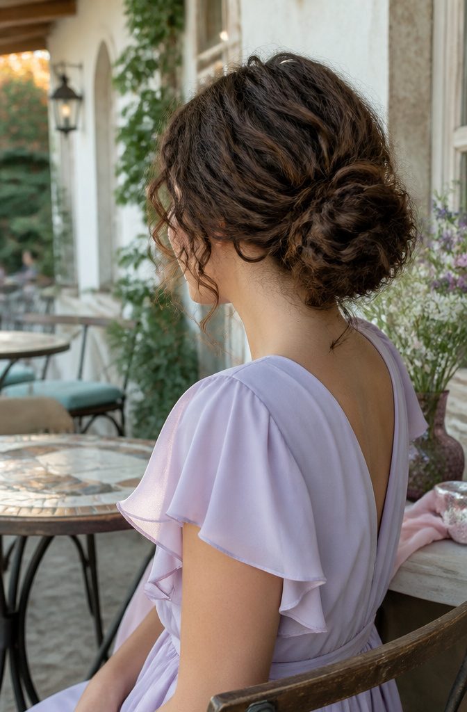Bridesmaid with a curly low bun hairstyle at an outdoor café.