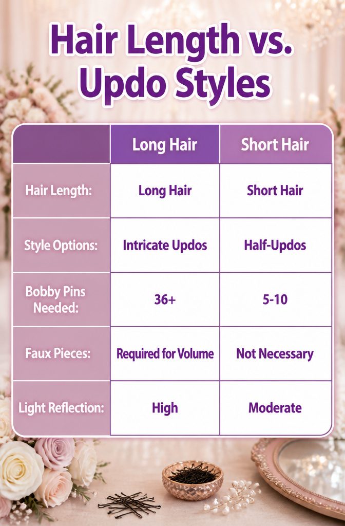 Infographic showing hair length requirements for various updo styles.