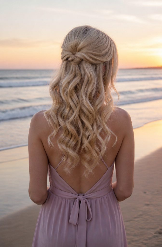 Bridesmaid with half-up soft curls at a beach during sunset.