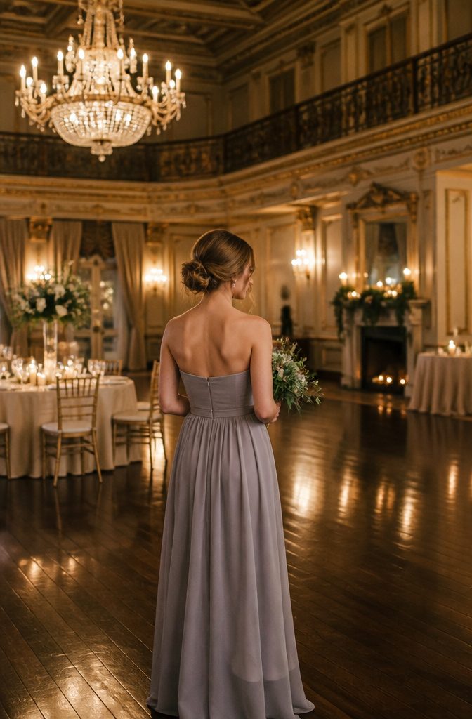 Bridesmaid with a loose bun hairstyle featuring curly strands.