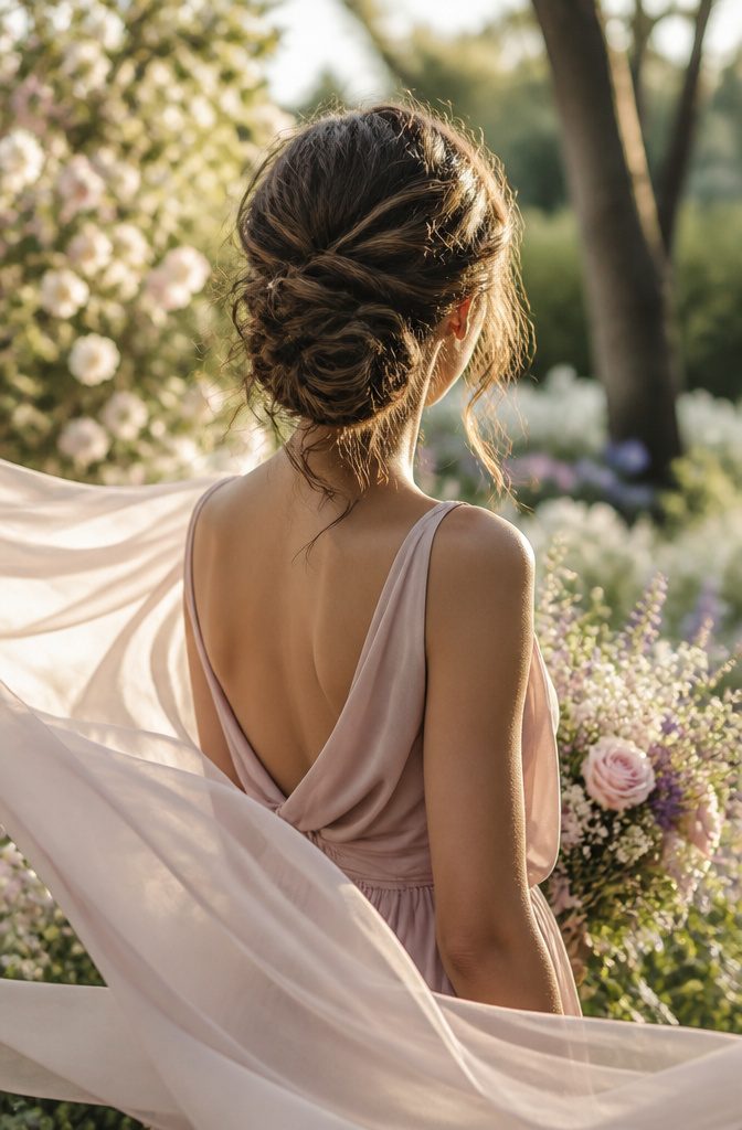 Bridesmaid with a messy bun in a sunlit garden setting.