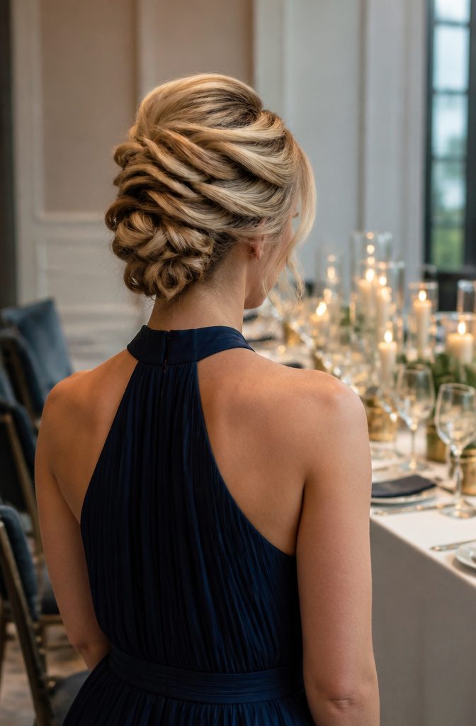 Bridesmaid with a twisted layered hairstyle at an upscale event.