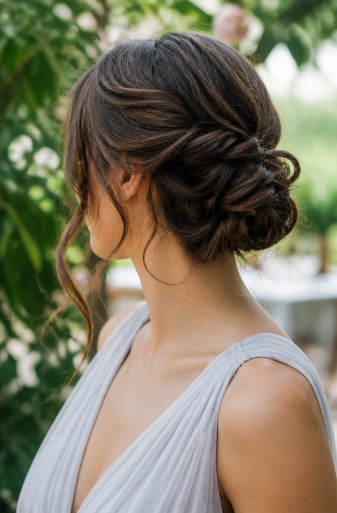 Bridesmaid with an updo featuring loose strands framing her face.
