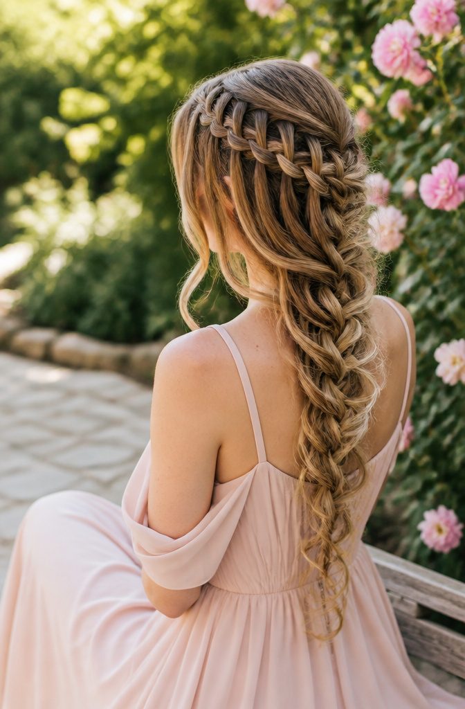 Bridesmaid with a waterfall braid hairstyle in a garden setting.