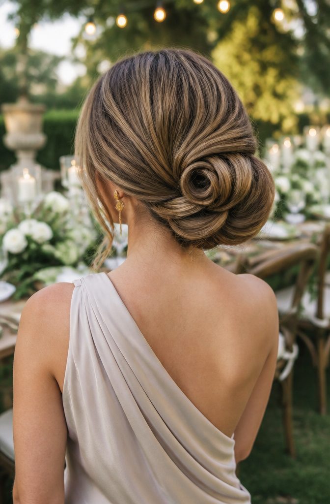 A model with an artistic bun hairstyle at a sophisticated outdoor wedding.