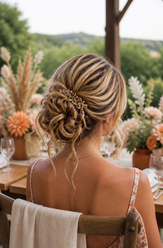 A model with a boho updo hairstyle in a rustic outdoor setting.