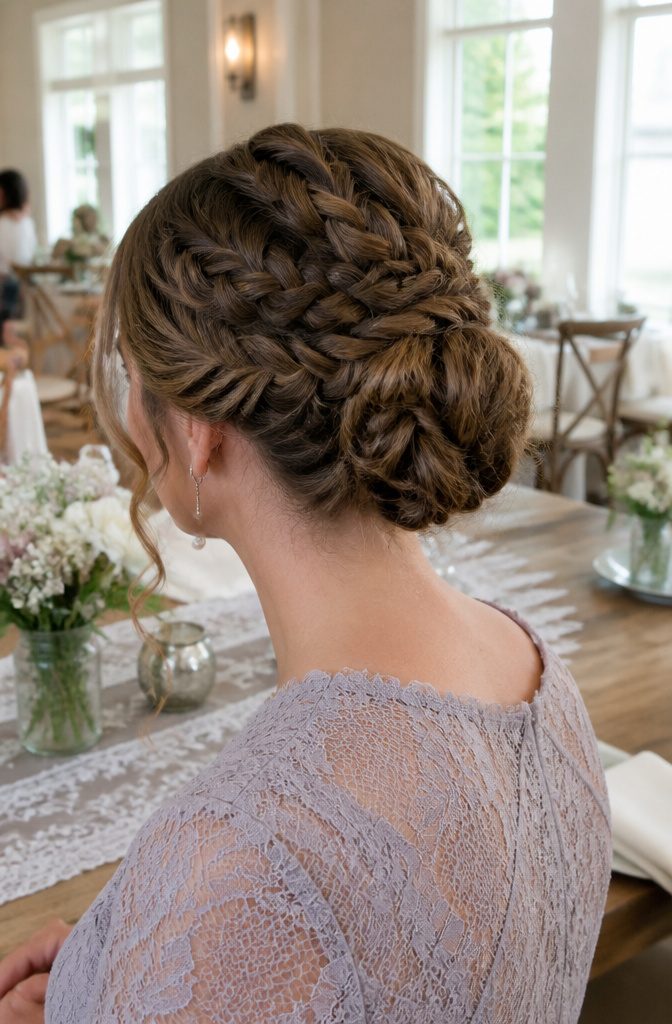 A model with a braided updo hairstyle at an elegant reception.
