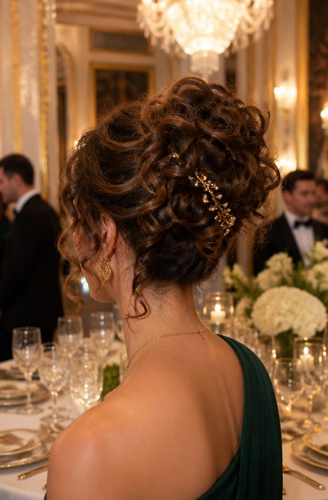 A model with a high curly updo hairstyle.