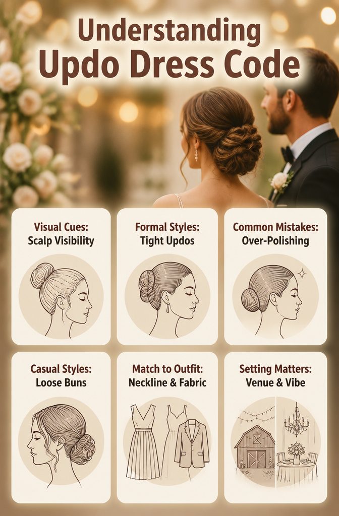 An infographic explaining updo styles and dress codes for weddings.