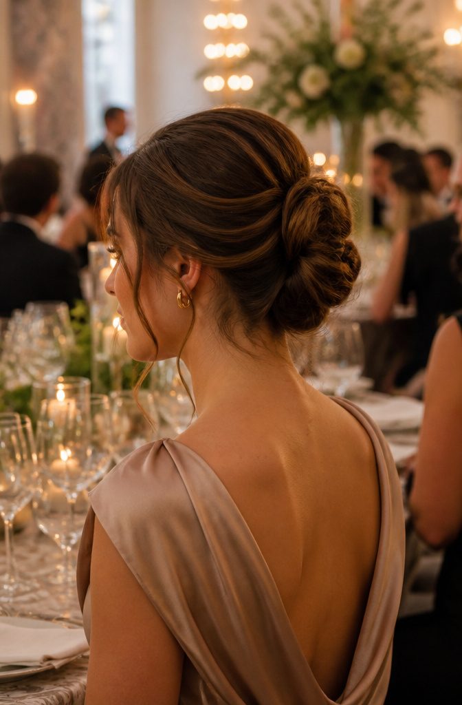 A model showcasing a face-framing bun hairstyle in a luxurious ballroom.